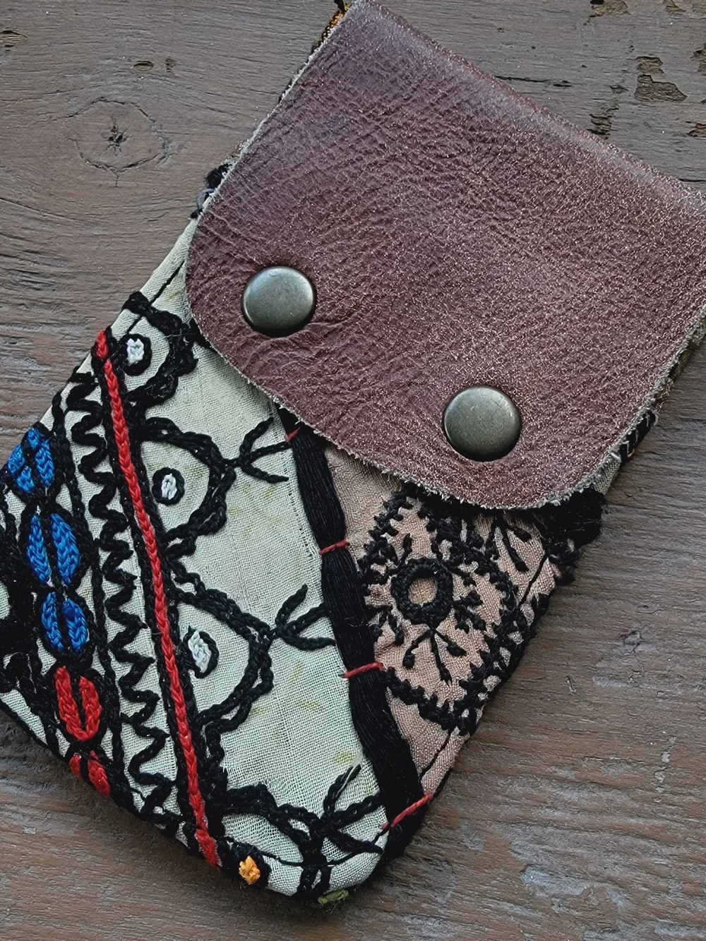 Free People embroidered banjara boho repurposed vtg leather wallet card case